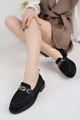 Muggo Sakura Metal Tokalı Triko Kadın Loafer Günlük Makosen Ayakkabı Siyah