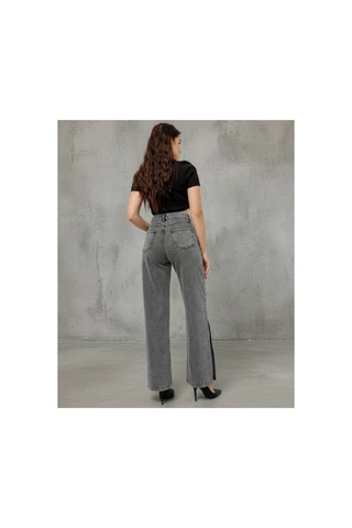 Kene Jeans Yüksek Bel Yan Fermuar Detaylı Kar Siyah Bol Paça Jean Kar Siyah