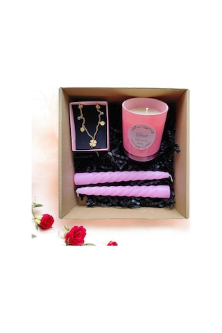 Denic Hediye Seti Kokulu Pembe Bardak Mum Yonca Kolye Burgulu Mum