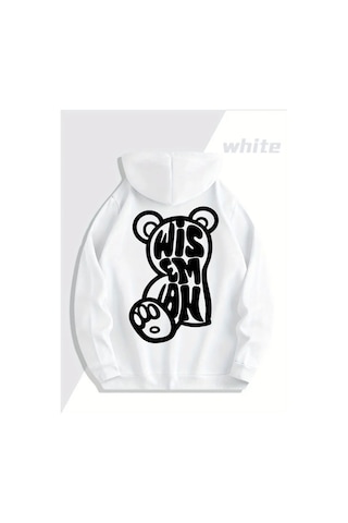 Nevermind Wisem Bear Baskılı Hoodie Trend Sevgili Kombini Oversize 3 İpli Beyaz