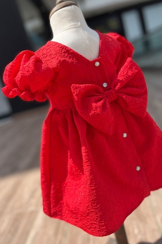 Krep Kabartma Desenli Kız Çocuk Bebek Kırmızı Elbise 001
