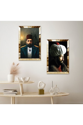 Gold Aynalı Pleksi Çerçeveli Fatih Sultan Mehmet Ve Padişah Abdülhamid İkili Mdf Tablo Seti