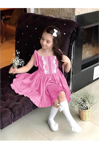 Kız Çocuk Dantel Detaylı Pembe Elbise Pembe