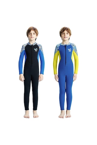 Dalış Ve Yelken 2.5 Mm Çocuk Kalınlaşmış Sıcak Tek Parça Uzun Kollu Wetsuit Anti-soğuk Şnorkel Sörf Elbisesi Mavi