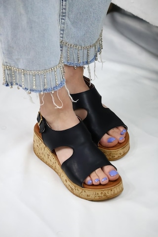 Asmi Shoes Kadın Elena Mantar Taban Ortopedik Sandelet Siyah Siyah