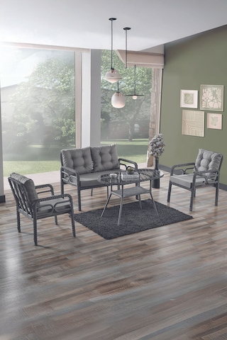 Rio Rattan Bahçe Balkon Oturma Takımı 2+1+1+camlı Masa Gri Gri
