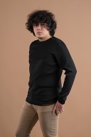 Bisiklet Yaka Likralı Microfilament Kumaş Slimfit Erkek Sweatshirt Siyah