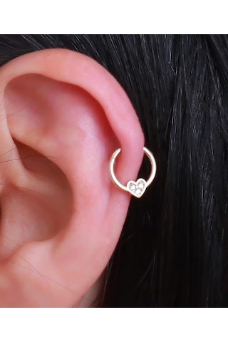 14 Ayar Altın Taşlı Kalp Halka Tragus Piercing Sarı Altın