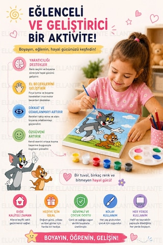 Tom & Jerry Baskılı Boyama Tuvali Seti 20x20 Cm 6 Renk Akrilik Boya + Fırça Dahil Çocuklar İçin