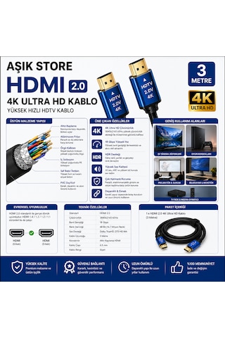 Hdmı 2.0 Kablo 3 Metre 4k Ultra Hd 18gbps Altın Uçlu Hdr Destekli Tv Monitör Ps5 Xbox Laptop Uyumlu