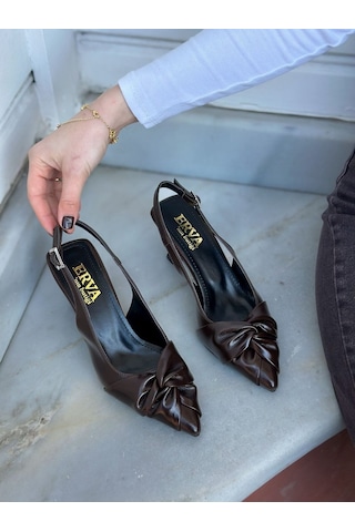 Ervanın Butiği Kahve Kırışık Deri Bow Fiyonk Detay Kadın Stiletto-6089