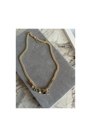 Renkli Taşlı Charm Detaylı Gold Zincir Kolye Şık Kadın Kolye Altın