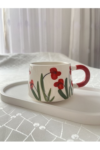 Kırmızı Çiçek Detaylı Kupa Bardak Çay Kahve Fincanı 200 Ml Ekru