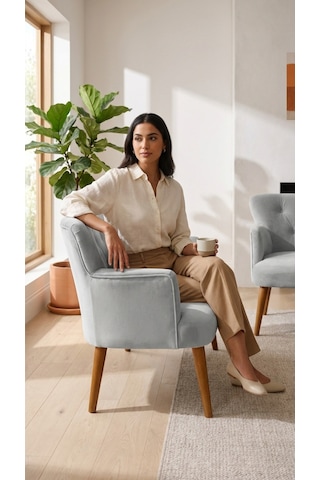 Babyface Kumaş Modern Çay Seti Koltuk Takımı 2+1+1 Ahşap Ceviz Ayak Açık Gri Açık