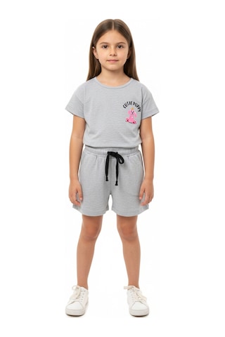 Toontoy Kids Toontoy Kız Çocuk 2'li Şortlu Takım Bisiklet Yaka Düşük Omuz Kısa Kollu Baskılı Tişört - Beli Lastikli Bağlamalı Cepli Şort 25016 Gri