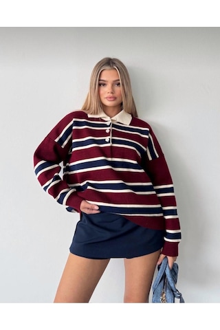 Kadın Çizgili Polo Yaka Oversize Triko Kazak Bordo