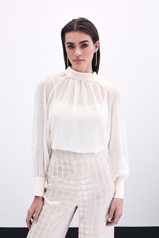 Sateen Taş Detaylı Transparan Bluz - Krem-135756 Krem