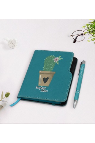Kişiye Özel Kaktüs Tasarımlı Turkuaz Termo Deri Defter Kalem Seti N11.2143