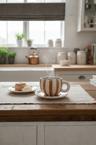 Kahverengi Çizgili 400 Ml El Yapımı Seramik Çay Kahve Kupa Takımı Mıt1327 Kahverengi - Beyaz