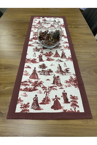 Toile De Jouy Paris Runner 40x110 Cm %100 Pamuk Dijital Baskılı Masa Örtüsü Klasik Fransız Tarzı Masa Dekoru - Zt700 Kırmızı