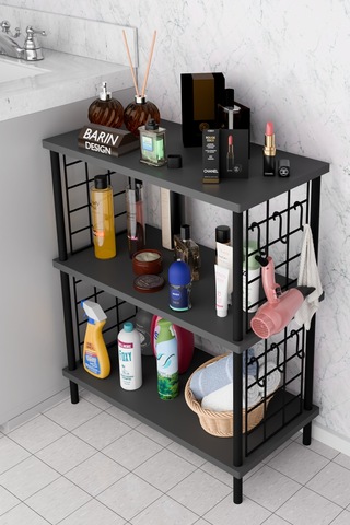 3raflı Telli Çevir Kur Çok Amaçlı Banyo Rafı Dolabı Metal Gövdeli Organizer Düzenleyici Saklama Rafı Antrasit