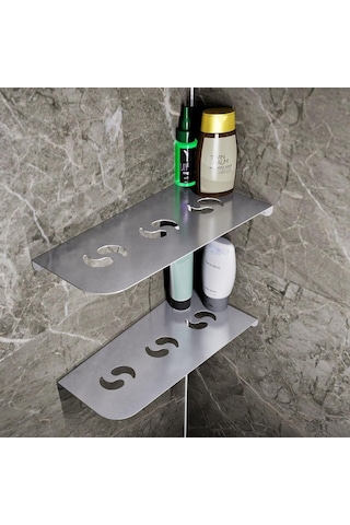 Paslanmaz Çelik 2 Katlı Köşe Banyo Rafı Sedir Model 30,3x15,3 Cm - Yapıştırmalı & Vidalı Montaj Çok Renkli