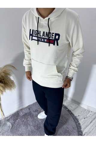 Say-Has Fashion Kapüşonlu Göğüs Baskılı Sweatshirt Bej