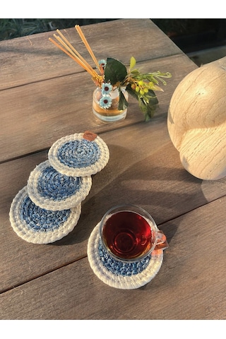 4 Adet Yuvarlak Bardak Altlığı- Leke Tutmaz- Beyaz-mavi 13x13 Cm Beyaz - Mavi