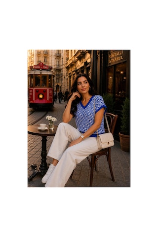 Hira Life Fashion Sfg Life Moda Kadın V Yaka Kare Desenli Şık Süveter Mavi Mavi