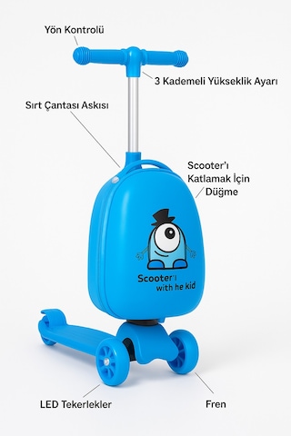 Heybee Luggages Heybee Sevimli Canavar Scooter Mavi Çocuk Valiz Diğer
