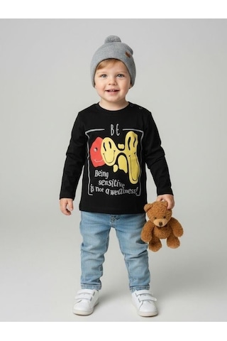 Zekids Erkek Bebek Pamuklu Emoji Baskılı İnce Uzun Kollu T-shirt-12532 Siyah