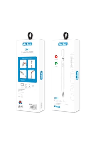 Go Des GD-P1203 Tüm Cihazlar ile Uyumlu Dokunmatik Kalem Passive 2 in 1 Yazı & Çizim Kalemi - ZORE-260226 Beyaz