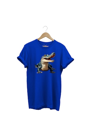 Timsah Baskılı %100 Pamuk Regular Fit T-shirt Mavi