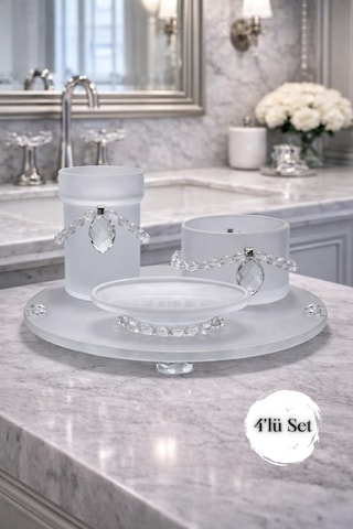 Modern Kristal Detaylı 4 Lü Tepsili Banyo Aksesuar Seti Beyaz