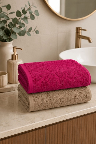 2'li Jakarlı Büyük Boy Banyo Havlusu 90x150 Cm %100 Pamuk Lorea 650 Gr Bej-fuşya