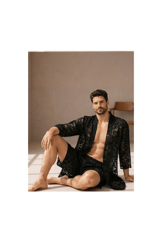 Qmen Style Erkek Kimono Takımı 3 Lü Dantel Set Bornoz + Pantolon + Şort Siyah