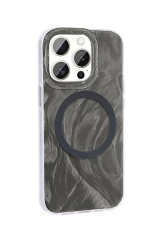 Apple Uyumlu iPhone 15 Pro Max Kılıf M-safe Şarj Özellikli Fırça Boya Desenli Zore Palet Kapak Gri