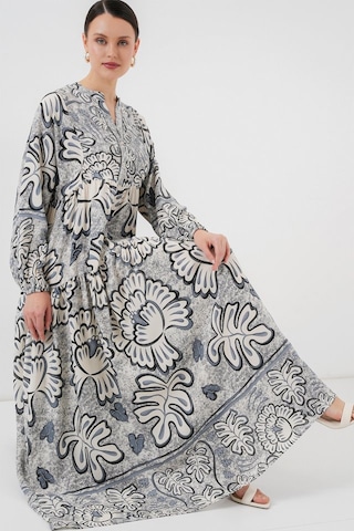 2423 Otantik Desenli Tesettür Elbise - K. Antrasit S