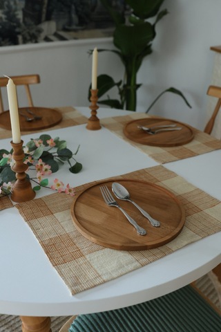 Yakacihome Juta Tarçın 5 Parça 4 Parça Amerikan Servis & 1 Parça Püsküllü Runner Jüt Kumaş Sofra Seti Tarçın