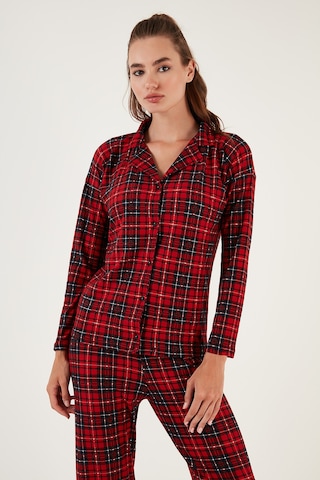 Lela Desenli Beli Lastikli Gömlek Yaka Dokuma Bayan Pijama Takımı 6095660W4 Kırmızı-Lacivert