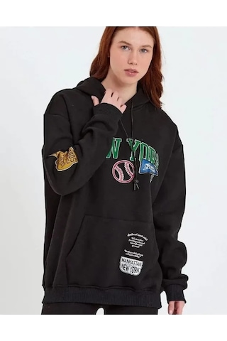 Valensdesign Baskılı Kapüşonlu Sweatshirt - Siyah