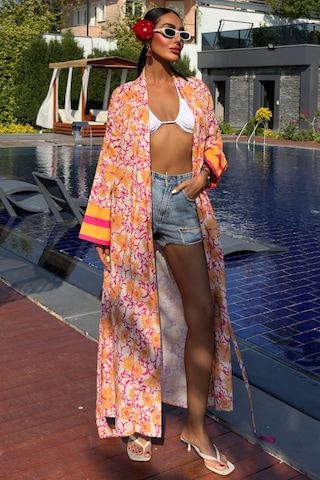 Kadın Multi Desenli Kruvaze Keten Kimono Çok Renkli