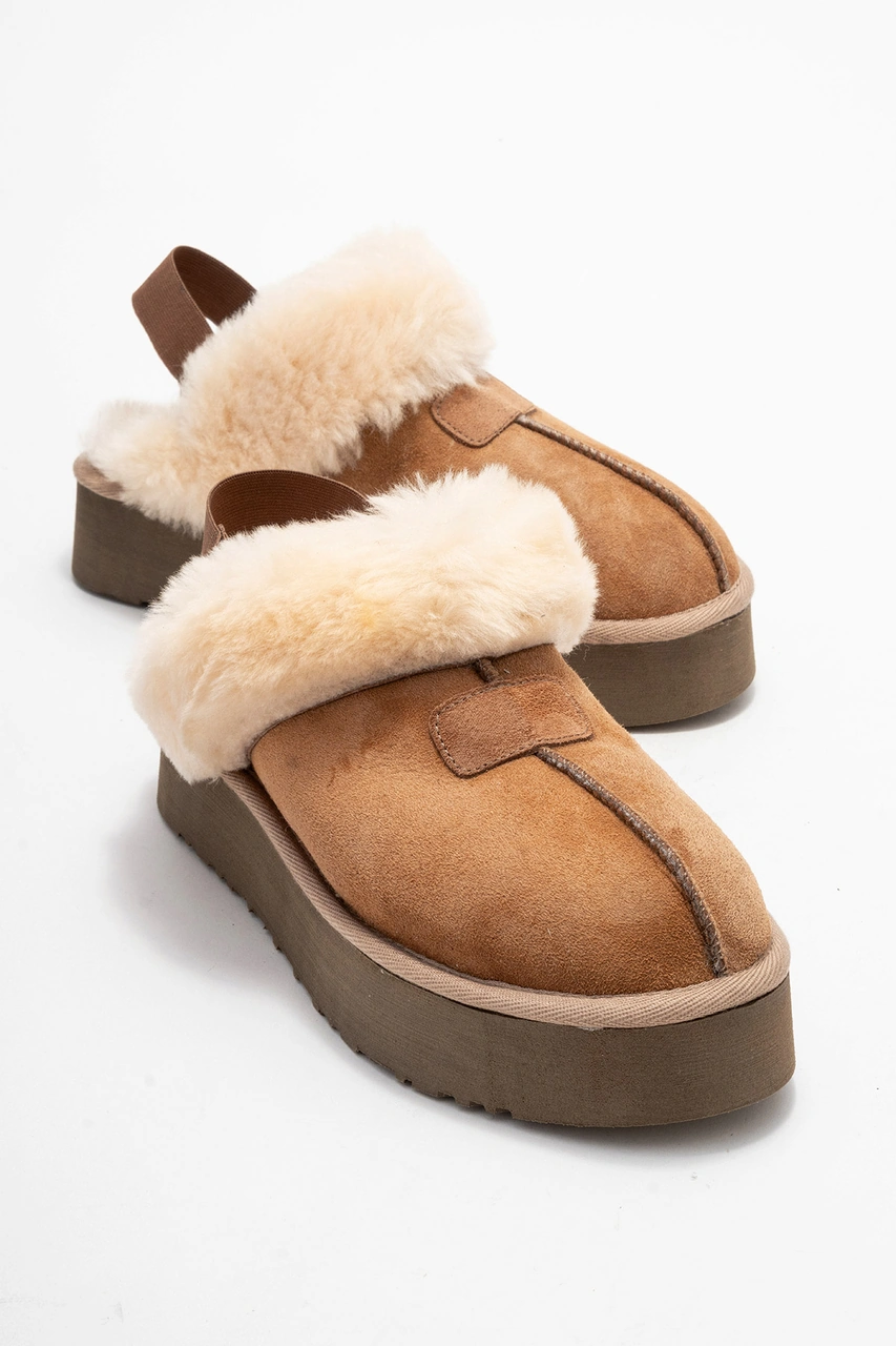 Luvishoes Luvi Shoes Olessa Taba Hakiki Deri Süet Kadın Kürklü Terlik Taba Süet Taba