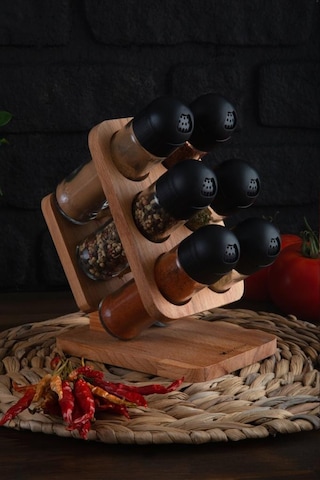 Ahşap Standlı Baharatlık Takımı Julia 6'Lı Kapaklı Baharatlık Set