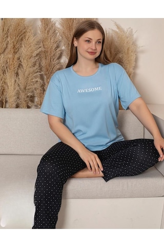 Charme Kadın Büyük Beden Bisiklet Yaka Milan Likralı Kısa Kol Pijama Takımı K601/249 - 1 Adet Mavi