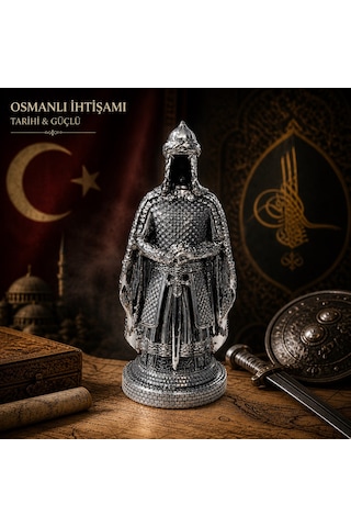 Prestij Güç Sembolü Tarihi Osmanlı Zırhlı Pelerinli Savaşçı Asker Biblo Anlamlı Hediye Gümüş 28 Cm Çok Renkli