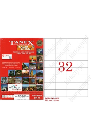 Tanex Tw-2032 Ebat 52 X 35 MM Lazer Etiket A4 Sayfada 32 Etiket