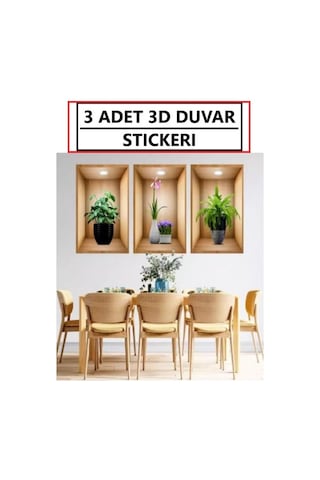 Stıcker 3d Duvar Stıckerı Ev Balkon Üç Boyutlu Üçlü Set Yapışkan Çiçek Vazo Tablo Görünümlü Yapışkanlı Etiket Kahverengi
