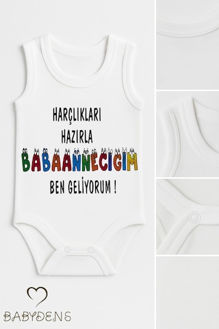 Babyden's Harçlıkları Hazırla Babaannecim Ben Geliyorum Yazılı Kolsuz Bebek Body Pamuk Yazlık Çıtçıtlı Zıbın Beyaz