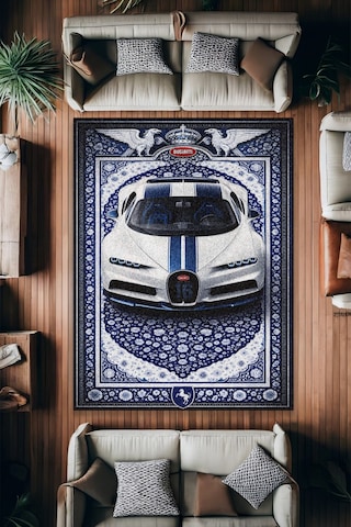Bugatti Chiron Araba Desenli Halı Dijital Baskı Yıkanabilir Kaymaz Taban Leke Tutmaz